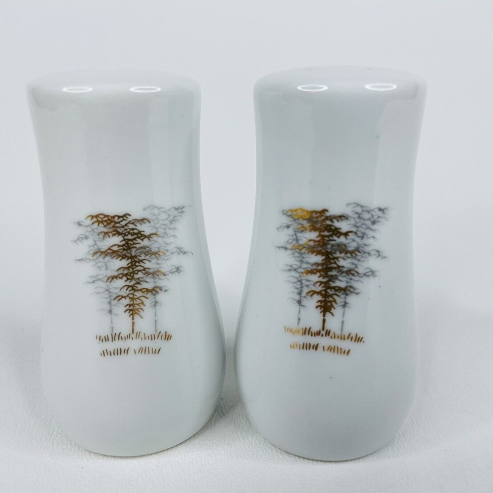 Vtg Fukagawa Arita 901 Gold & Gray Bamboo Trees Japan Salt & Pepper Shakers SEAM